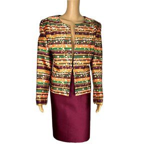 LILY&TAYLOR 2PC Multicolor Beaded Polyester Metallic Collarless Skirt Suit